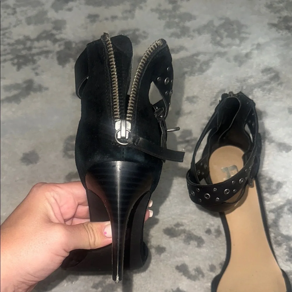 Joe’s Jeans black suede pointy closed toe ankle strap Betty heels